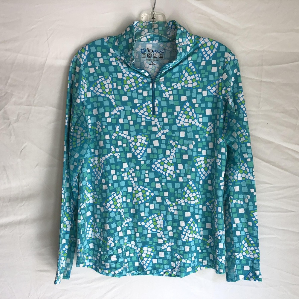 IBKUL Shirt Womens Medium Blue Martini Print 1/4 Zip UPF 50 Golf Stretch Top